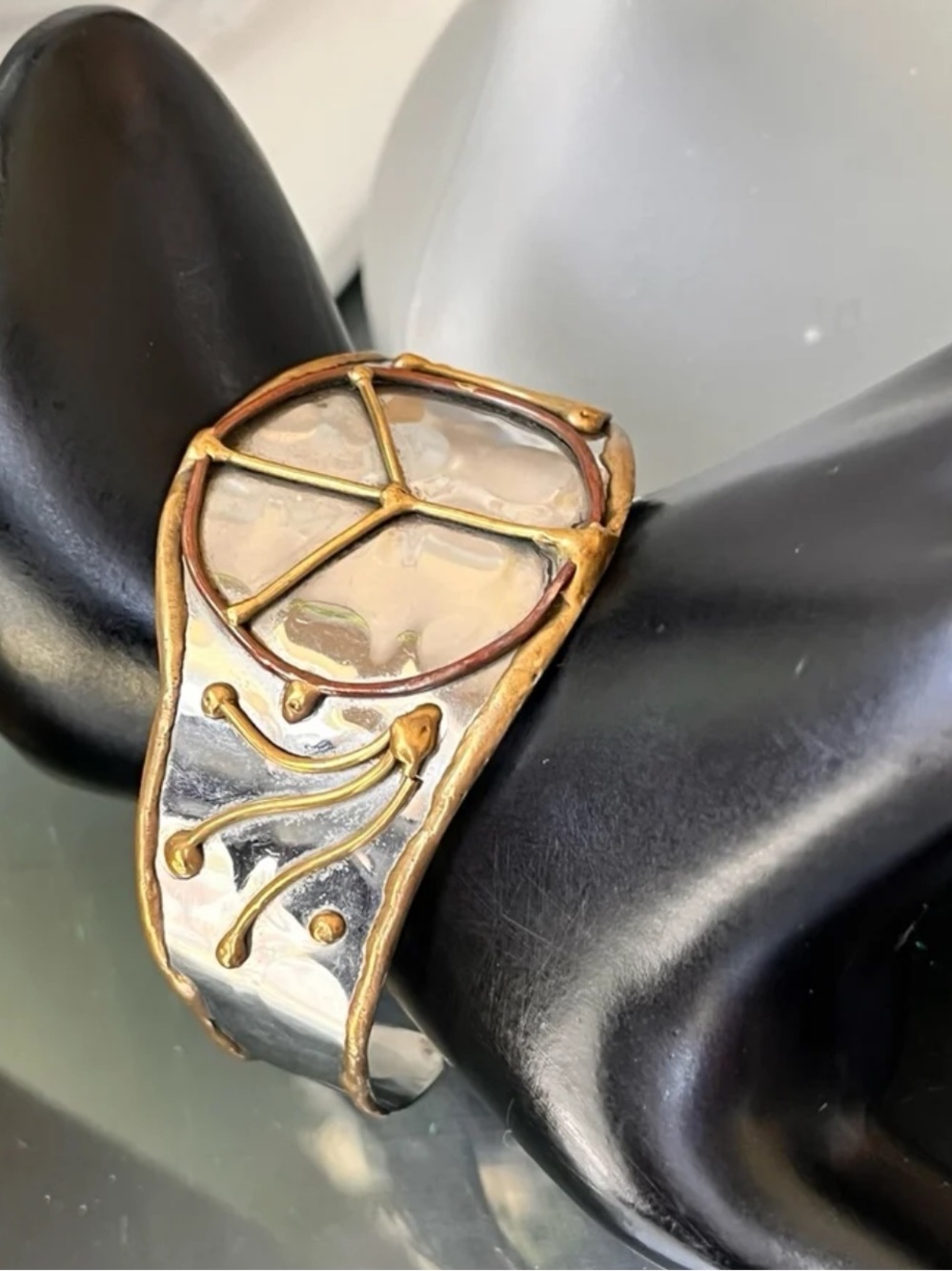 Handcrafted Mixed-Metal Cuff Bracelet with Iridescent Center